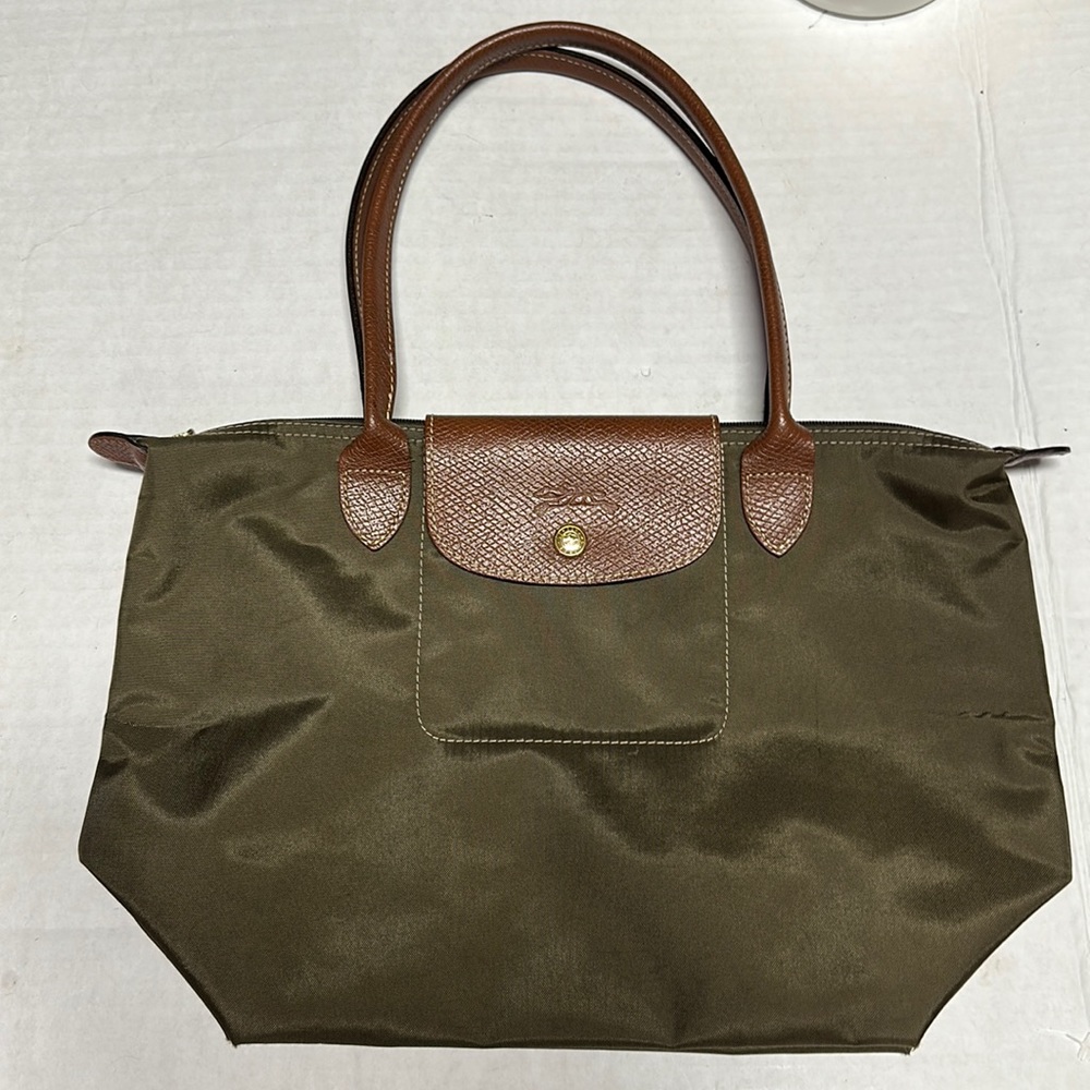 Longchamp Olive Green Nylon Tote with Brown Leather Trim